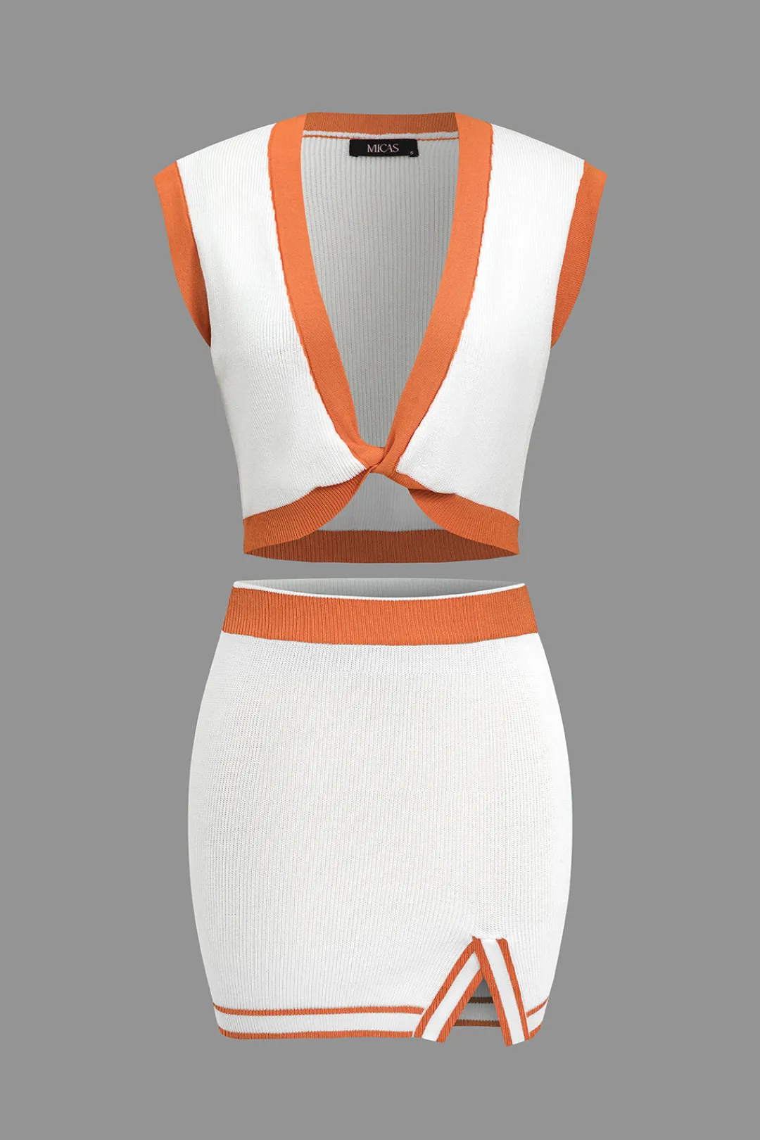MICAS Vacation Sets|Knit Sets-Contrast V-neck Knit Top And Mini Skirt Set