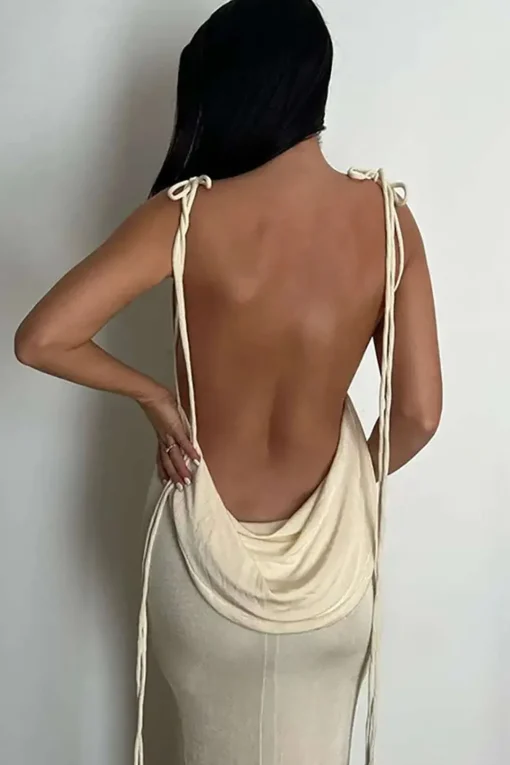 MICAS Maxi Dresses-Cowl Neck Backless Tie Maxi Dress