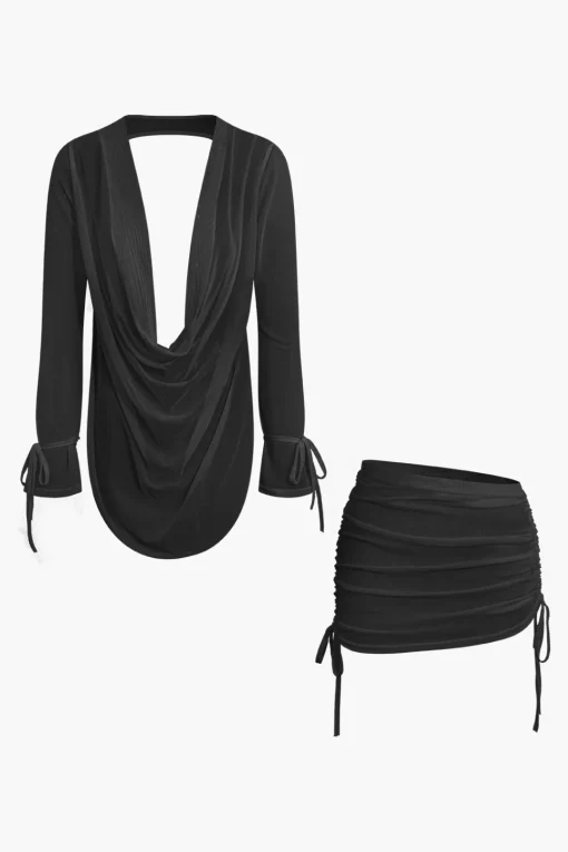 MICAS Skirt Sets|Vacation Sets-Cowl Neck Backless Tie Mesh Top And Asymmetrical Mini Skirt Set