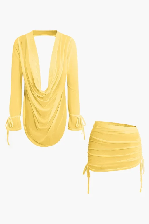 MICAS Skirt Sets|Vacation Sets-Cowl Neck Backless Tie Mesh Top And Asymmetrical Mini Skirt Set