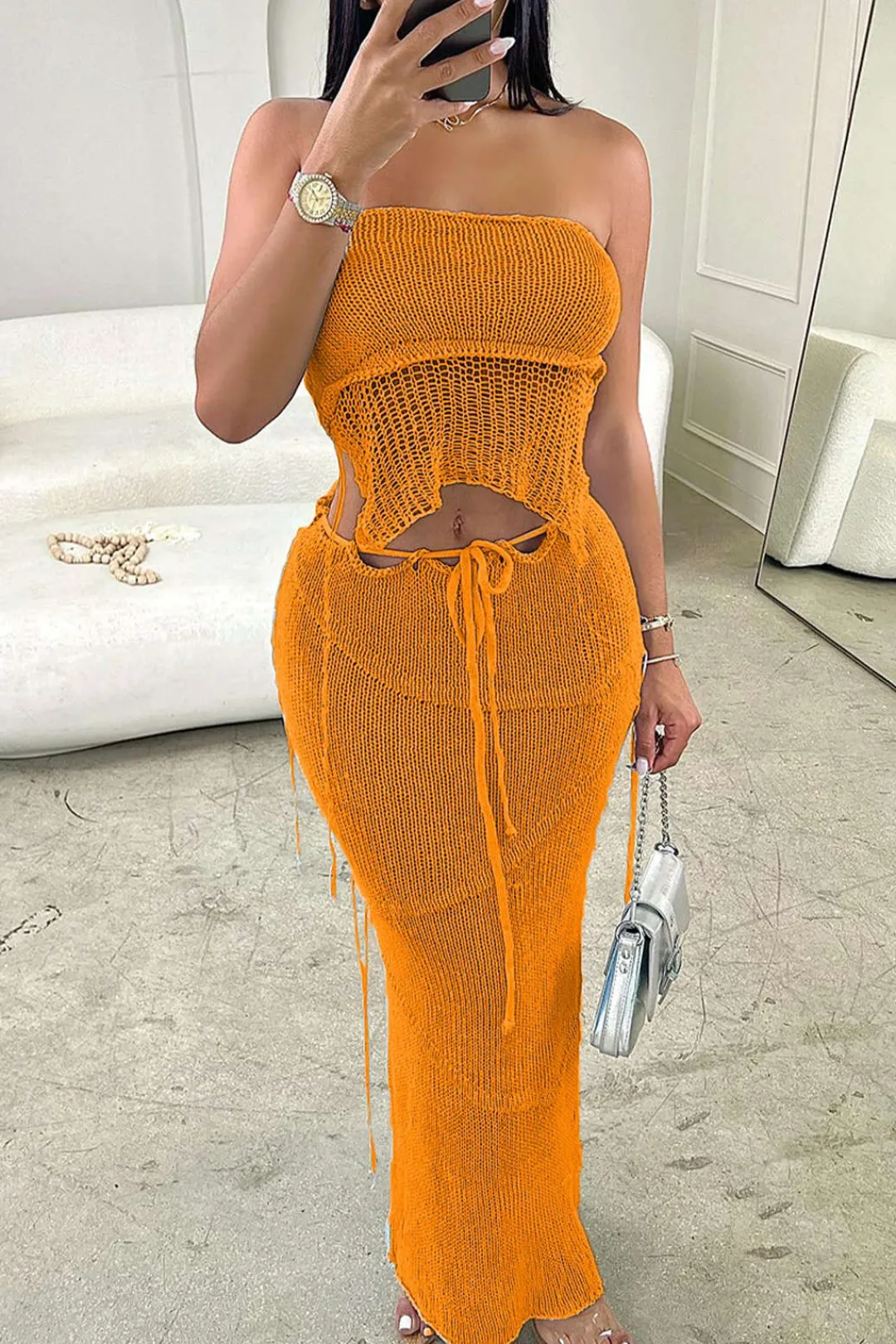 MICAS Skirt Sets|Vacation Sets-Crochet Backless Tube Top And Split Skirt Set