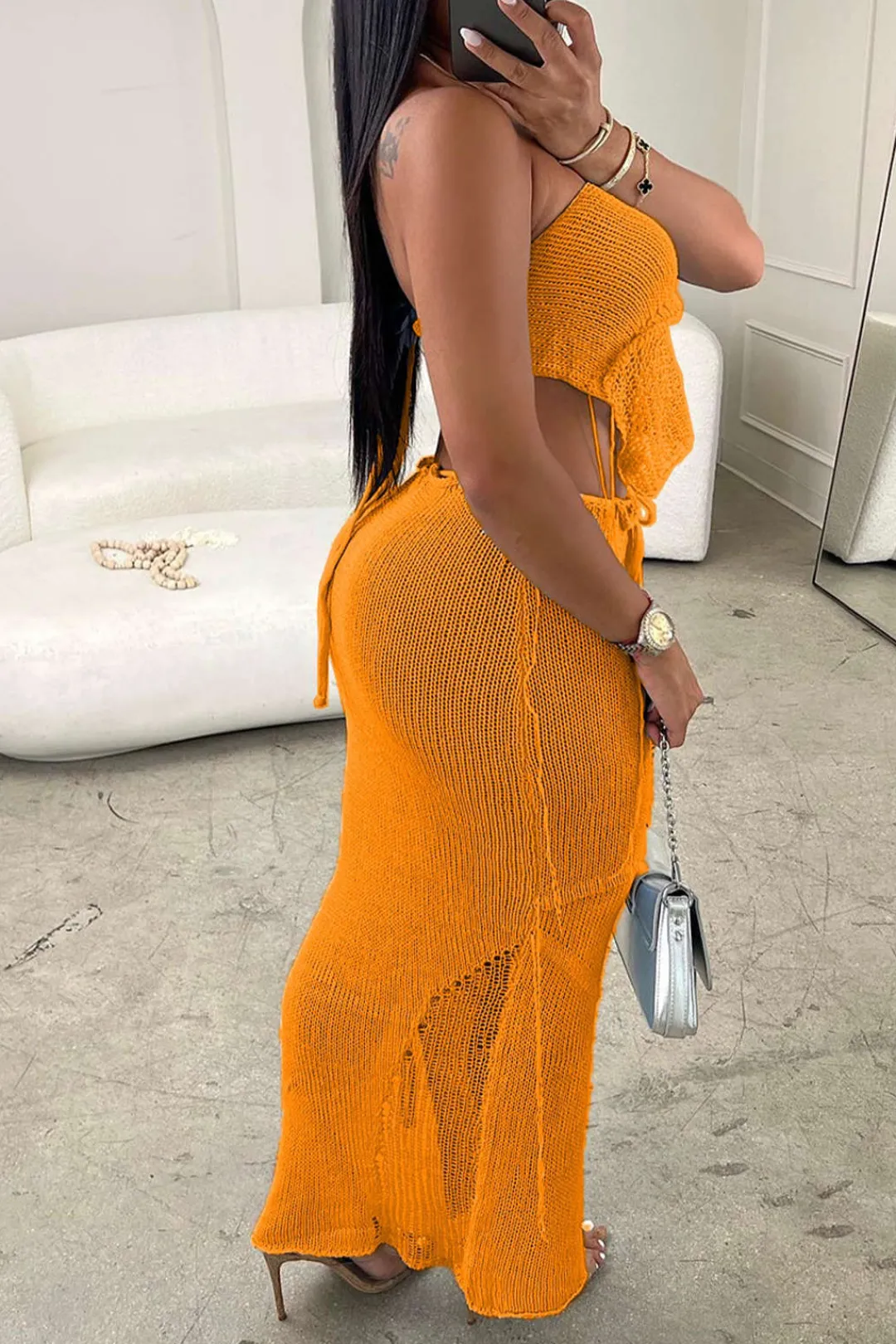 MICAS Skirt Sets|Vacation Sets-Crochet Backless Tube Top And Split Skirt Set