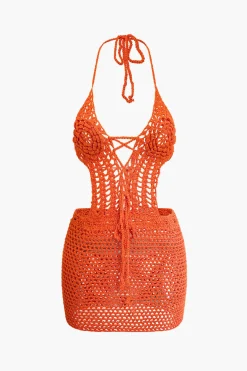 MICAS Vacation Sets|Knit Dresses-Crochet Halter Backless Mini Dress