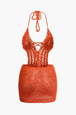 MICAS Vacation Sets|Knit Dresses-Crochet Halter Backless Mini Dress