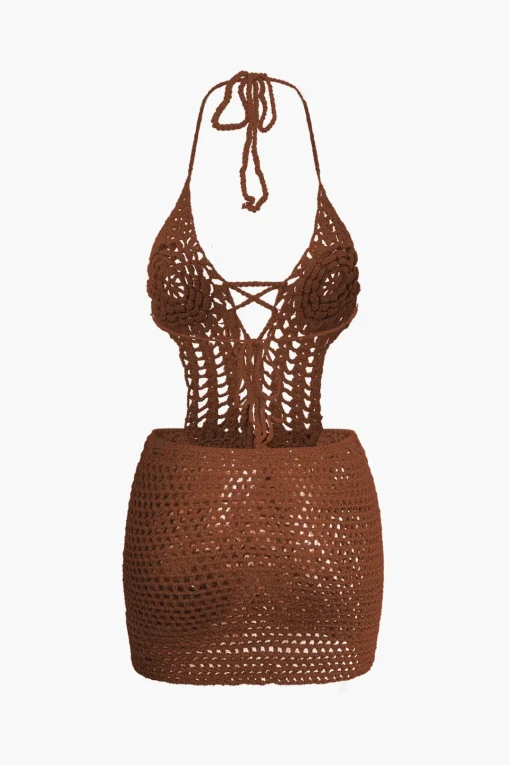 MICAS Vacation Sets|Knit Dresses-Crochet Halter Backless Mini Dress