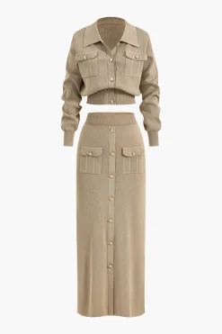 MICAS Knitwear|Knit Sets-Cropped Button-Up Knit Top And Maxi Skirt Set