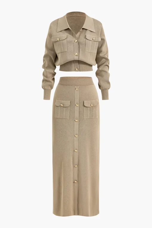 MICAS Knitwear|Knit Sets-Cropped Button-Up Knit Top And Maxi Skirt Set