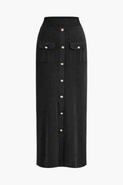 MICAS Knitwear|Knit Sets-Cropped Button-Up Knit Top And Maxi Skirt Set