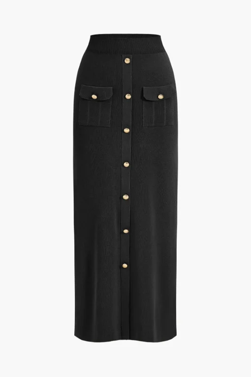 MICAS Knitwear|Knit Sets-Cropped Button-Up Knit Top And Maxi Skirt Set