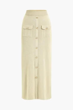 MICAS Knitwear|Knit Sets-Cropped Button-Up Knit Top And Maxi Skirt Set