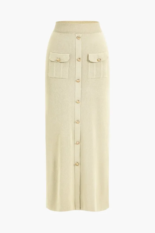 MICAS Knitwear|Knit Sets-Cropped Button-Up Knit Top And Maxi Skirt Set