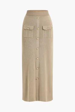 MICAS Knitwear|Knit Sets-Cropped Button-Up Knit Top And Maxi Skirt Set