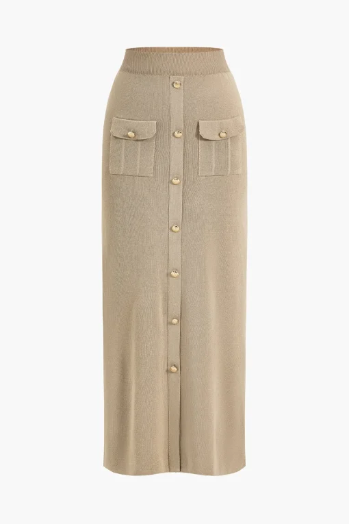 MICAS Knitwear|Knit Sets-Cropped Button-Up Knit Top And Maxi Skirt Set