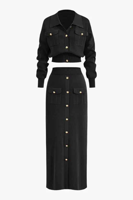 MICAS Knitwear|Knit Sets-Cropped Button-Up Knit Top And Maxi Skirt Set