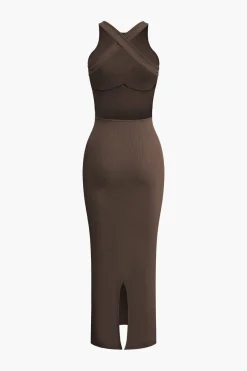 MICAS Midi Dresses-Cross Backless Slit Midi Dress