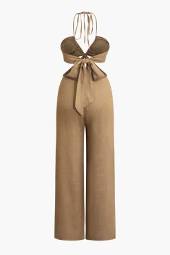 MICAS Jumpsuits & Rompers-Cut Out Halter Neck Jumpsuit TAN