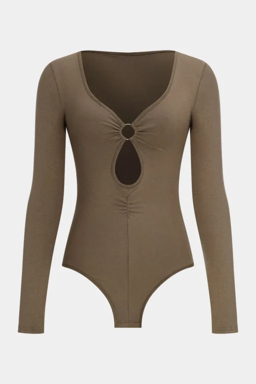 MICAS Bodysuits-Cut Out Long Sleeve Ruched Bodysuit KHAKI