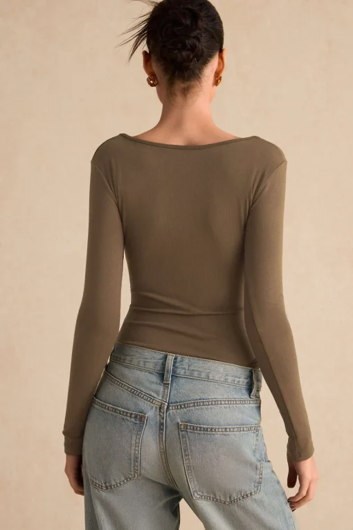 MICAS Bodysuits-Cut Out Long Sleeve Ruched Bodysuit KHAKI
