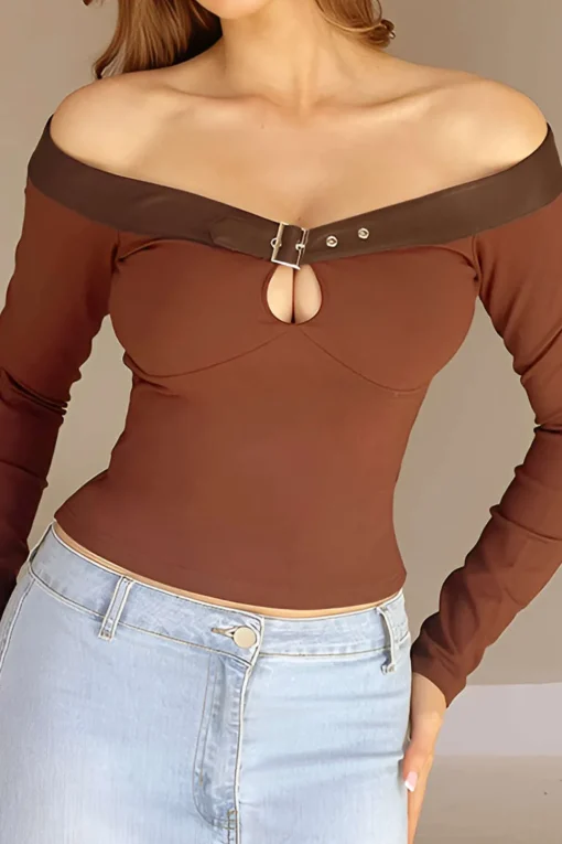 MICAS Long Sleeve Tops|Long Sleeves Tops-Cut Out Off Shoulder Long-Sleeve Top BROWN