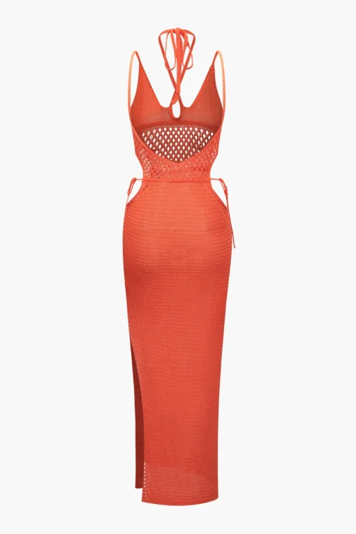 MICAS Knitwear|Knit Dresses-Cut Out Open Knit Backless Halter Maxi Dress