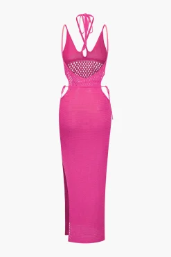 MICAS Knitwear|Knit Dresses-Cut Out Open Knit Backless Halter Maxi Dress