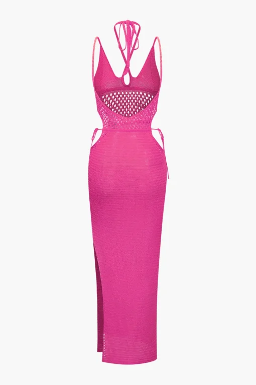 MICAS Knitwear|Knit Dresses-Cut Out Open Knit Backless Halter Maxi Dress