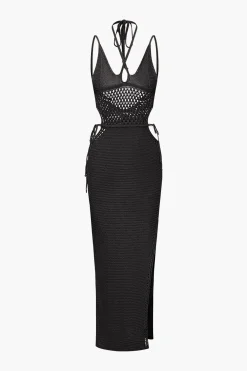 MICAS Knitwear|Knit Dresses-Cut Out Open Knit Backless Halter Maxi Dress