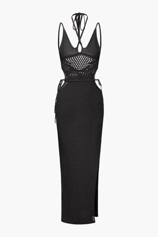 MICAS Knitwear|Knit Dresses-Cut Out Open Knit Backless Halter Maxi Dress