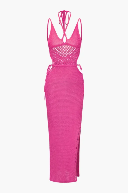 MICAS Knitwear|Knit Dresses-Cut Out Open Knit Backless Halter Maxi Dress
