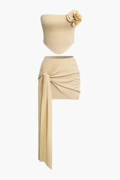 MICAS Skirt Sets|Vacation Sets-3D Floral Tube Top And Knot Mini Skirt Set KHAKI