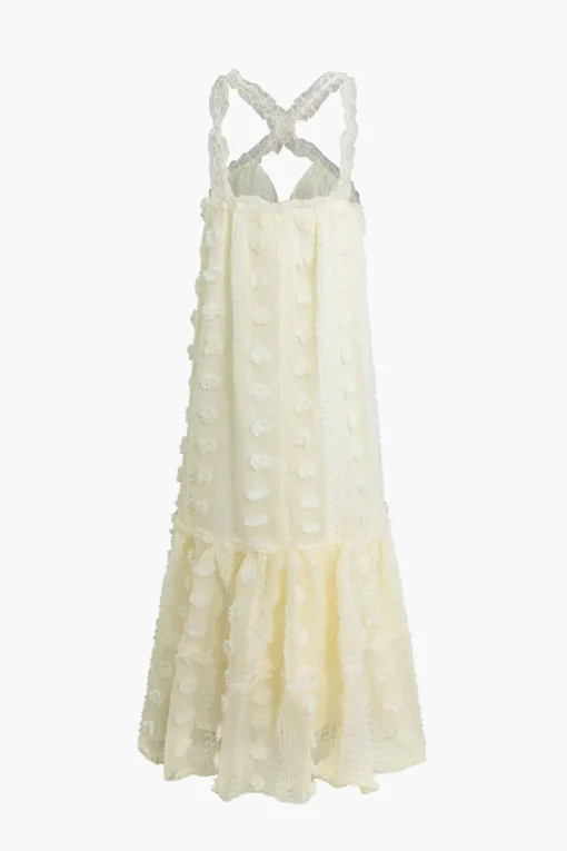 MICAS Maxi Dresses-3D Flower Cross Strap Tiered Maxi Dress BEIGE