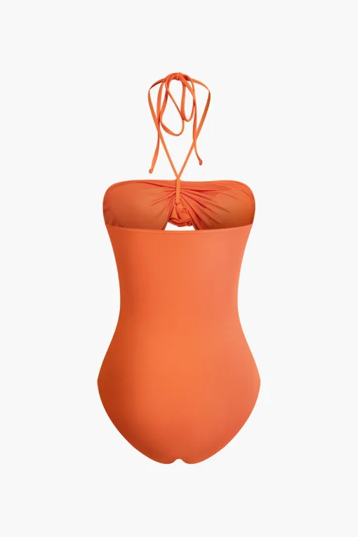 MICAS Swimwear|Vacation Sets-3D Flower Tie Halter Cut Out Swimsuit And Wrap Knot Cover Up Skirt Set ORANGE