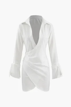 MICAS Mini Dresses-Deep V-neck Wrap Mini Shirt Dress