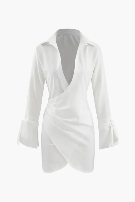MICAS Mini Dresses-Deep V-neck Wrap Mini Shirt Dress