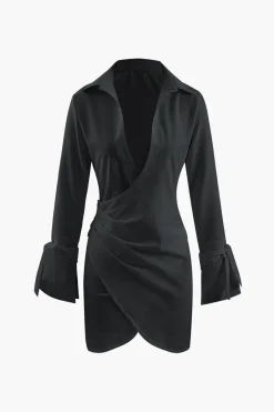 MICAS Mini Dresses-Deep V-neck Wrap Mini Shirt Dress