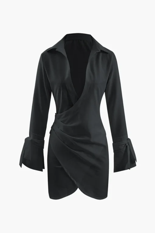MICAS Mini Dresses-Deep V-neck Wrap Mini Shirt Dress