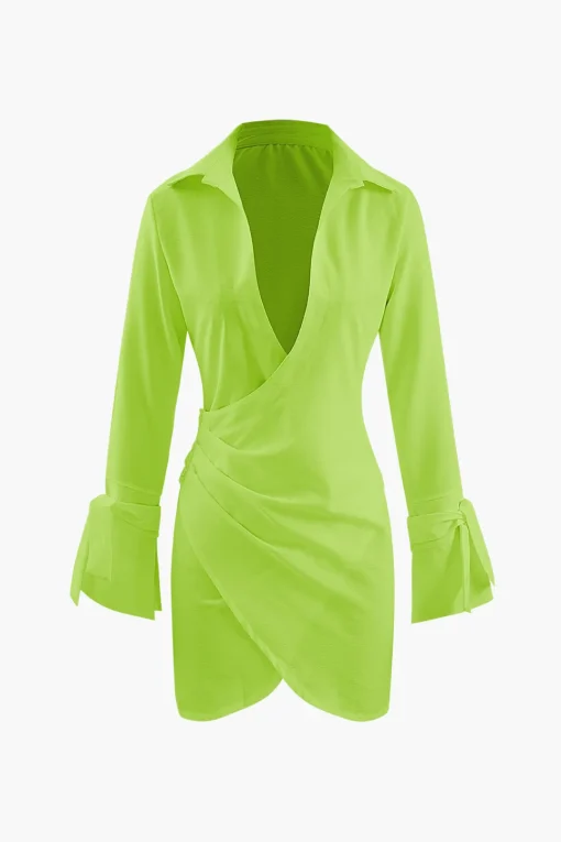 MICAS Mini Dresses-Deep V-neck Wrap Mini Shirt Dress