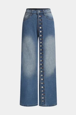 MICAS Jeans-Denim Button High Waist Straight Leg Jeans LIGHT WASH BLUE