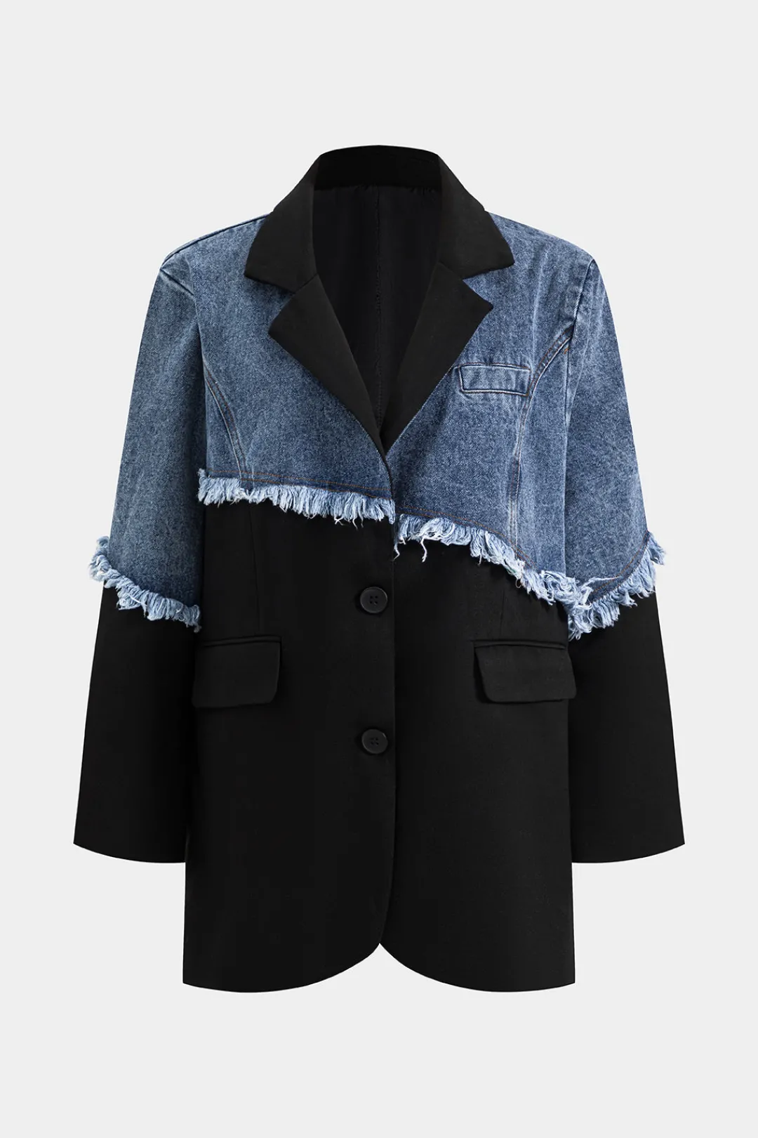 MICAS Outerwear|Outerwear-Denim Button Patchwork Long Sleeve Blazer Contrast Color