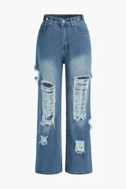 MICAS Jeans-Denim Cut Out Washed Straight Leg Jeans LIGHT WASH BLUE