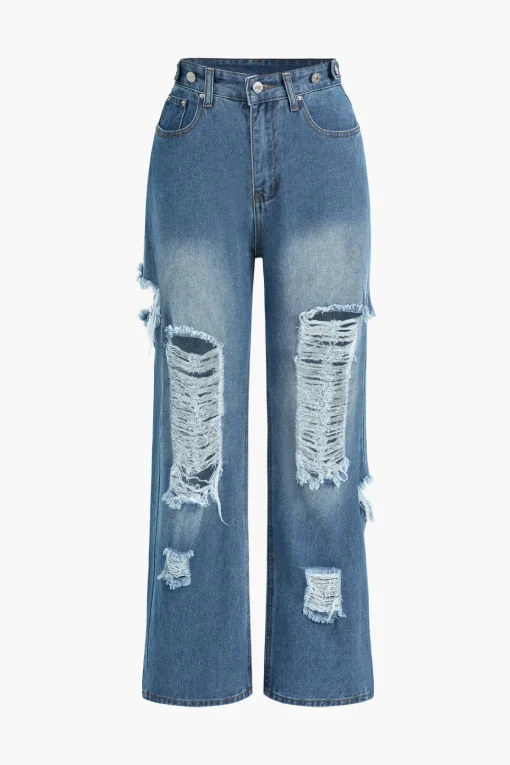 MICAS Jeans-Denim Cut Out Washed Straight Leg Jeans LIGHT WASH BLUE