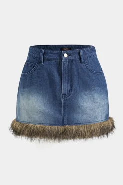 MICAS Skirts-Denim Faux Fur Patchwork Button Skirt DARK WASH BLUE