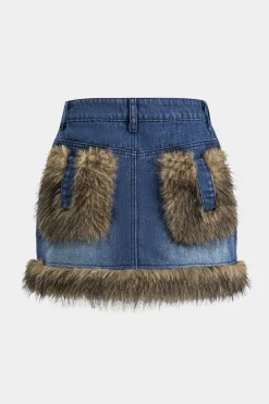 MICAS Skirts-Denim Faux Fur Patchwork Button Skirt DARK WASH BLUE