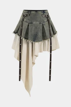 MICAS Skirts-Denim High Waist Patchwork Skirt BEIGE