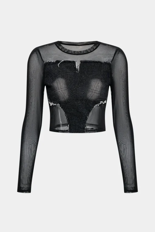 MICAS T-Shirts-Denim Mesh Patchwork Long Sleeve T-Shirt BLACK