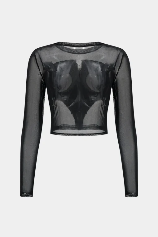 MICAS T-Shirts-Denim Mesh Patchwork Long Sleeve T-Shirt BLACK
