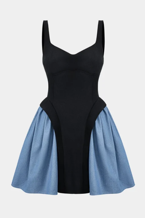 MICAS Mini Dresses-Denim Patchwork Ruched Sleeveless Mini Dress BLACK