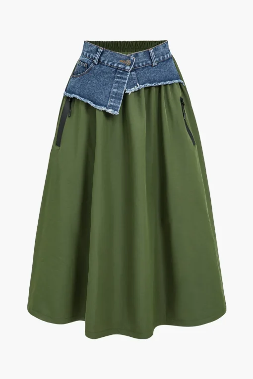MICAS Skirts-Denim Patchwork Skirt MILITARY