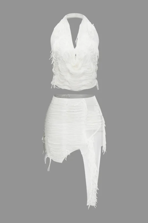 MICAS Skirt Sets|Vacation Sets-Distressed Halter Cami Top And Asymmetrical Mini Skirt Set WHITE