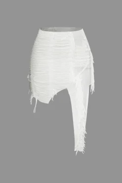 MICAS Skirt Sets|Vacation Sets-Distressed Halter Cami Top And Asymmetrical Mini Skirt Set WHITE